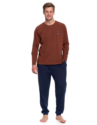 Długi rękaw - Piżama męska bawełniana długi rękaw z naszywką BRĄZOWY - produkt 6