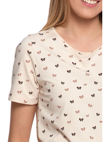 Krótki rękaw - Piżama damska z krótkim rękawem z kokardkami i falbanką BEŻOWY - produkt 4