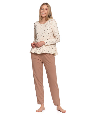 Długi rękaw - Piżama damska z długim rękawem z kokardkami i falbanką BEŻOWY - produkt 6