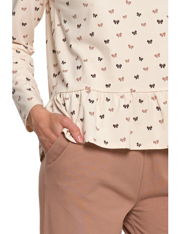 Długi rękaw - Piżama damska z długim rękawem z kokardkami i falbanką BEŻOWY - produkt 5