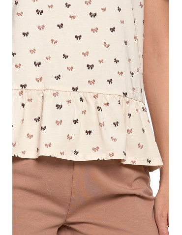 Krótki rękaw - Piżama damska z krótkim rękawem i szortami z kokardkami BEŻOWY - produkt 3