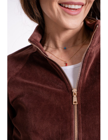 Bluzy - Bluza damska welurowa na zamek z bawełny BRĄZOWY - produkt 7