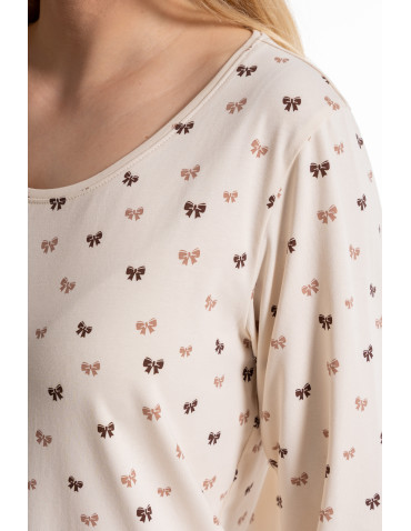 KOSZULE NOCNE - Koszula nocna damska z długim rękawem i kokardkami BEŻOWY - produkt 3