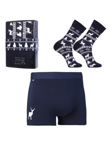Bokserki dopasowane - Zestaw świąteczny męski bokserki i skarpetki z reniferem GRANATOWY - produkt 5