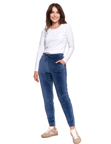 Spodnie dresowe - Spodnie damskie welurowe z wysokim stanem GRANATOWY - produkt 7