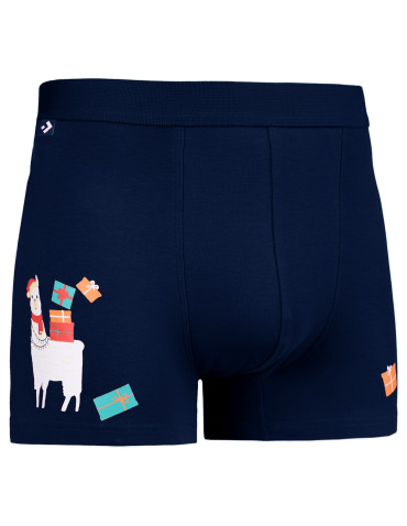 DOPASOWANE - Świąteczne bokserki męskie z lamą i prezentami GRANATOWY - produkt 1