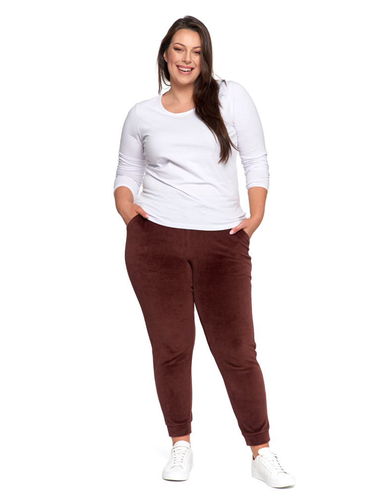 Spodnie - Damskie spodnie dresowe welurowe z bawełny BRĄZOWY - produkt moraj.pl 5