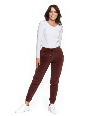 Spodnie - Damskie spodnie dresowe welurowe z bawełny BRĄZOWY - produkt 2
