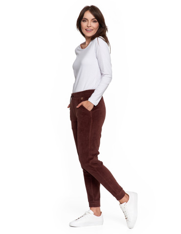 Spodnie - Damskie spodnie dresowe welurowe z bawełny BRĄZOWY - produkt 1
