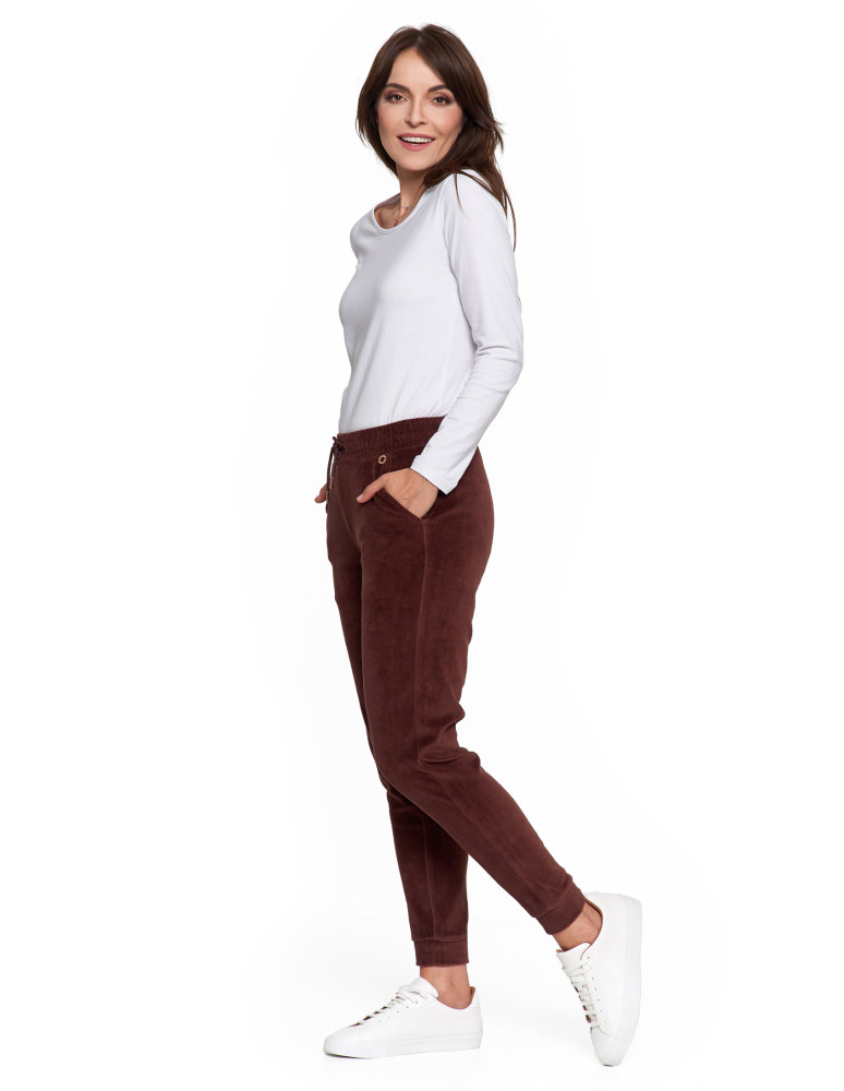 Damskie spodnie dresowe welurowe z bawełny BRĄZOWY