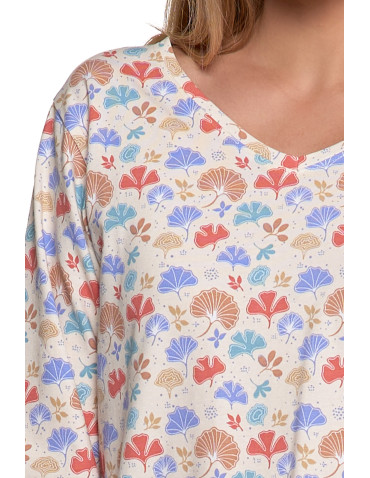 KOSZULE NOCNE - Koszula nocna damska bawełniana z długim rękawem i dekoltem V WZÓR 1 - produkt 3