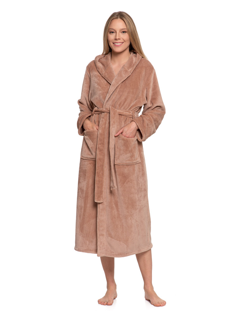 Szlafroki - Szlafrok ciepły damski długi z kapturem BEŻOWY - produkt moraj.pl 1