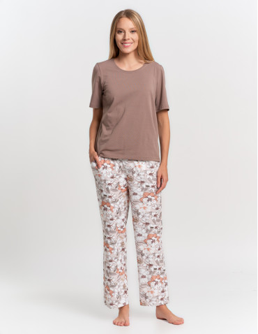 Krótki rękaw - Piżama damska z krótkim rękawem długie spodnie w kwiaty KREMOWY - produkt 7