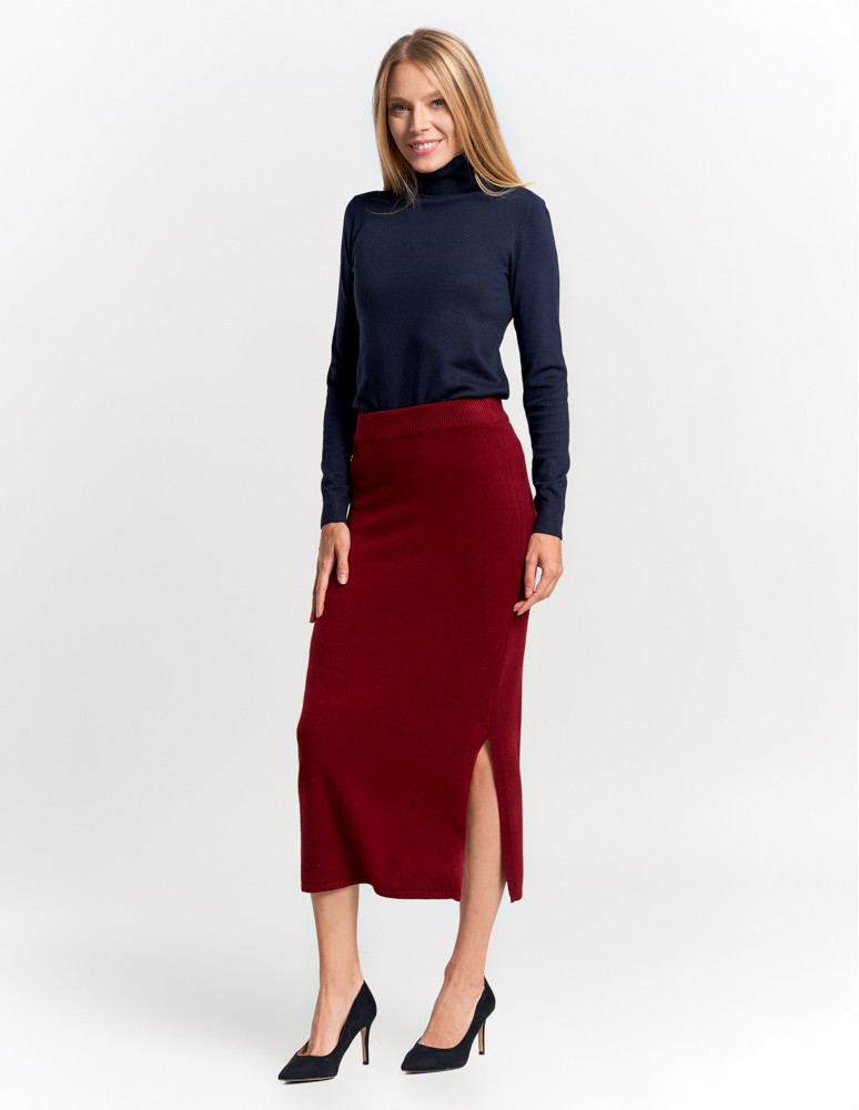 Spódnice - Damska spódnica sweterkowa midi z rozcięciem CZERWONY  - produkt moraj.pl 12