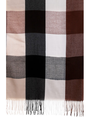 Szale i chusty - Szal damski w kratę wykończony frędzlami BRĄZOWY - produkt 1