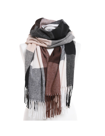 Szale i chusty - Szal damski w kratę wykończony frędzlami BRĄZOWY - produkt 2