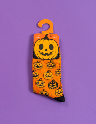 Długie - Skarpety męskie długie z motywem halloweenowym POMARAŃCZOWY - produkt 2