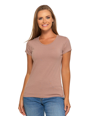 Koszulki i topy - T-shirt damski bawełniany z krótkim rękawkiem jednokolorowy MOKKA - produkt 3