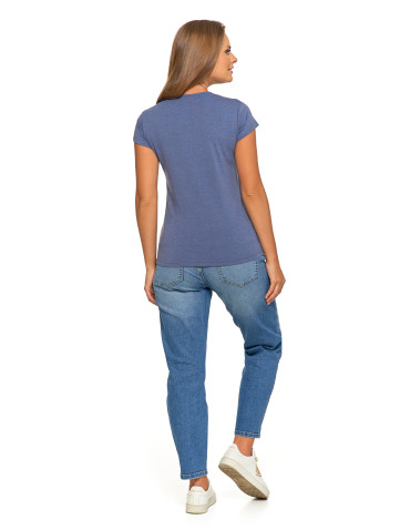 Koszulki i topy - T-shirt damski bawełniany z krótkim rękawkiem jednokolorowy CIEMNY NIEBIESKI - produkt 6