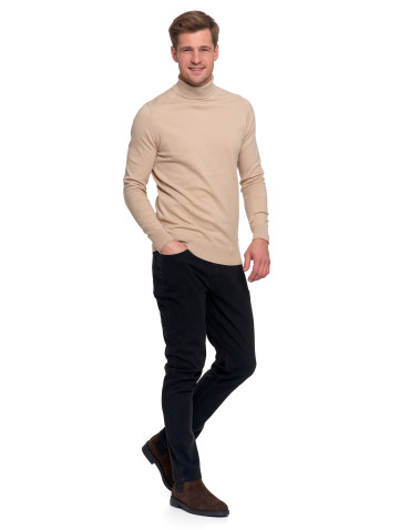 Swetry - Sweter męski golf bawełniany BEŻOWY - produkt 10