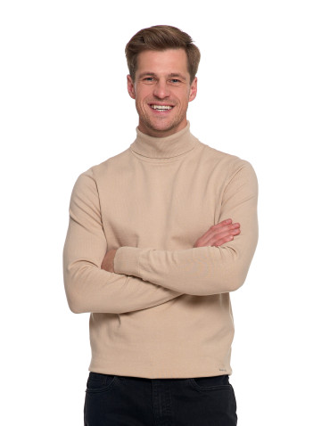 Swetry - Sweter męski golf bawełniany BEŻOWY - produkt 5