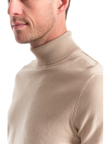 Swetry - Sweter męski golf bawełniany BEŻOWY - produkt 3