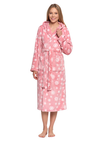 Szlafroki - Szlafrok ciepły damski długi z kapturem RÓŻOWY - produkt 6