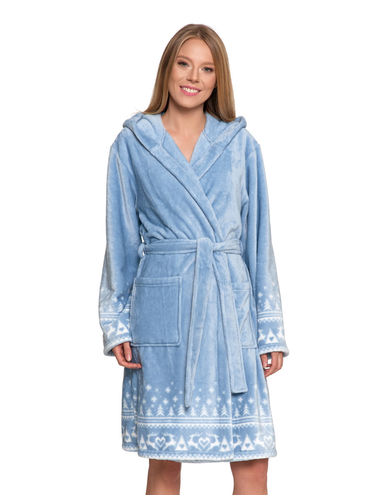 Ciepły szlafrok damski krótki w skandynawski wzór NIEBIESKI