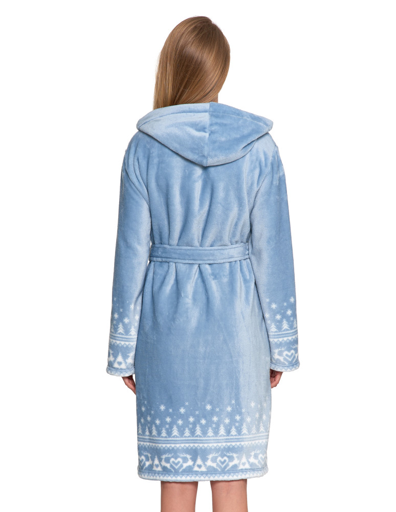 Szlafroki - Ciepły szlafrok damski krótki w skandynawski wzór NIEBIESKI - produkt moraj.pl 2