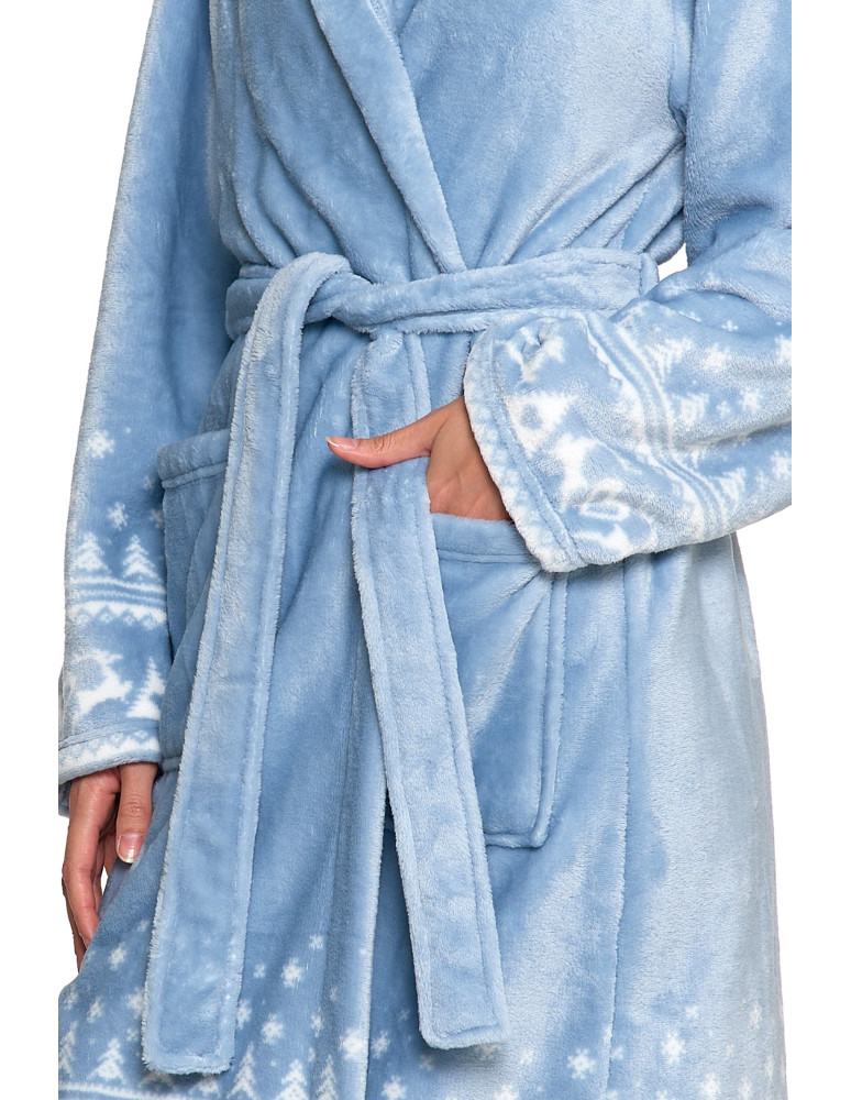 Szlafroki - Ciepły szlafrok damski krótki w skandynawski wzór NIEBIESKI - produkt moraj.pl 4