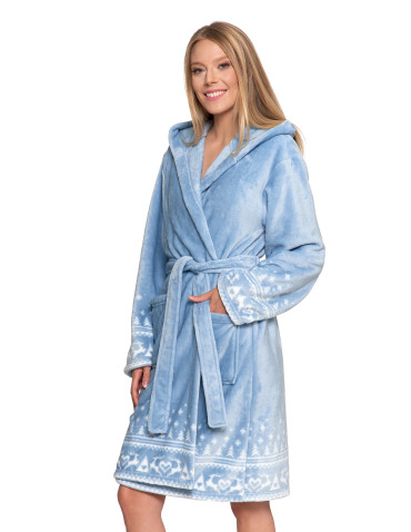 Szlafroki - Ciepły szlafrok damski krótki w skandynawski wzór NIEBIESKI - produkt 5