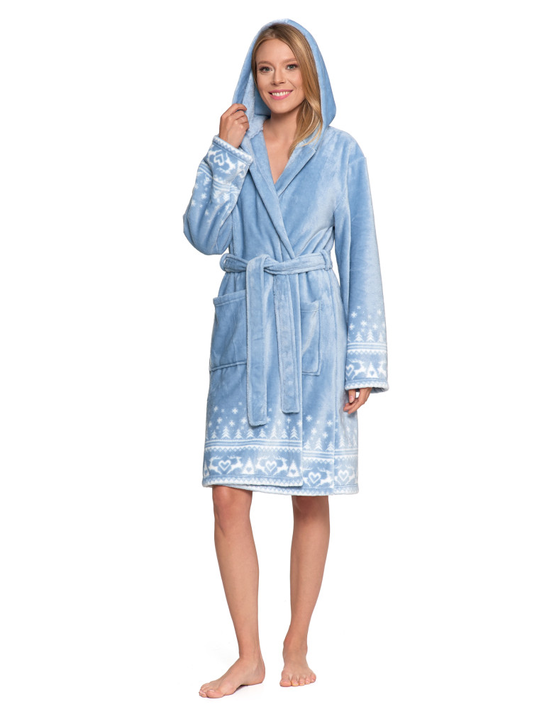 Szlafroki - Ciepły szlafrok damski krótki w skandynawski wzór NIEBIESKI - produkt moraj.pl 6