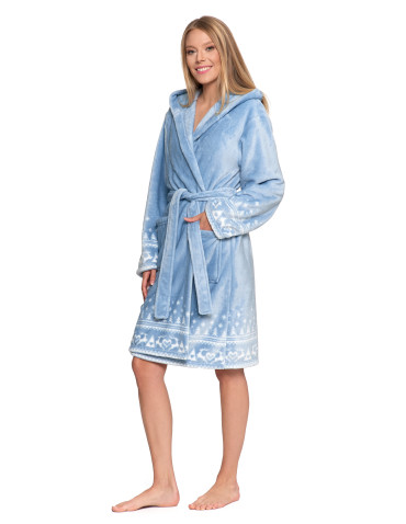 Szlafroki - Ciepły szlafrok damski krótki w skandynawski wzór NIEBIESKI - produkt 7