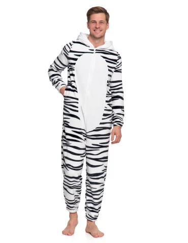 Onesie piżama jednoczęściowa unisex w zebrę - CZARNY