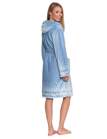 Szlafroki - Ciepły szlafrok damski krótki w skandynawski wzór NIEBIESKI - produkt 8