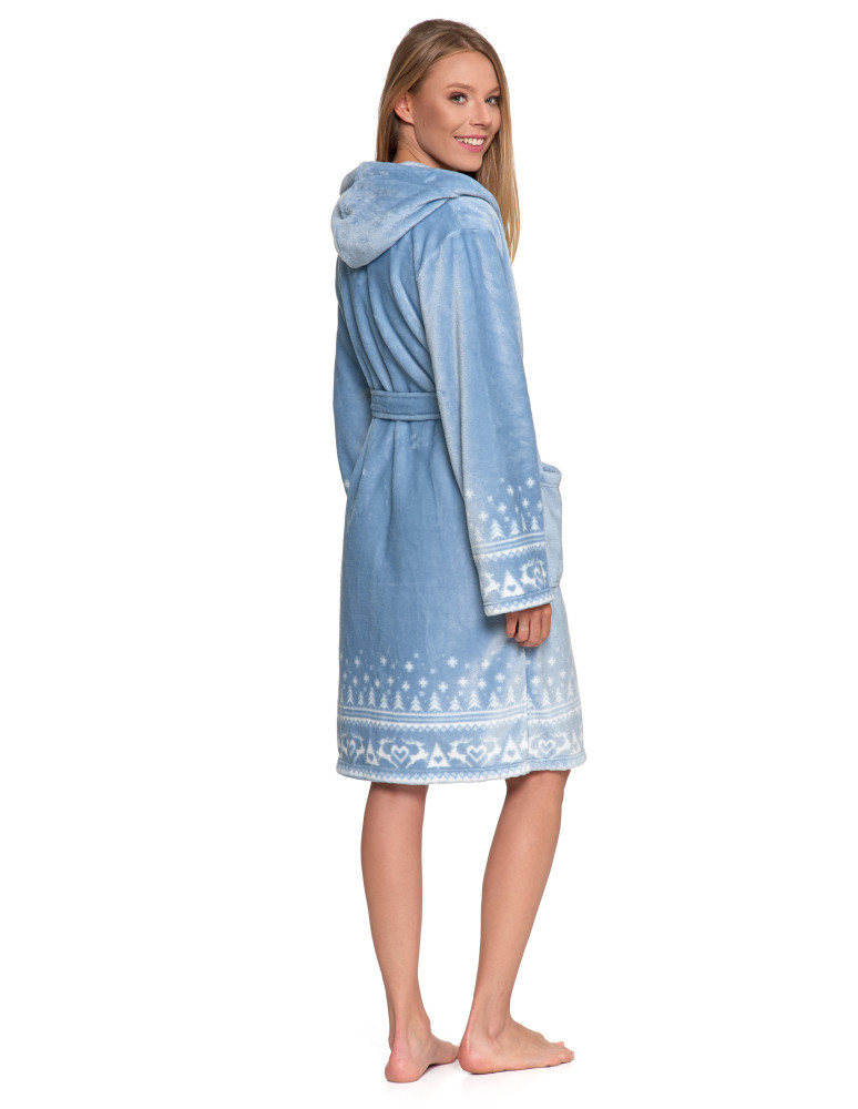 Szlafroki - Ciepły szlafrok damski krótki w skandynawski wzór NIEBIESKI - produkt moraj.pl 8