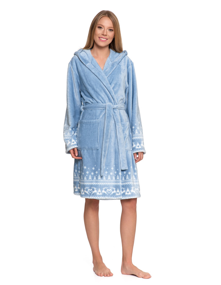 Szlafroki - Ciepły szlafrok damski krótki w skandynawski wzór NIEBIESKI - produkt moraj.pl 9