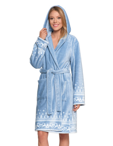 Szlafroki - Ciepły szlafrok damski krótki w skandynawski wzór NIEBIESKI - produkt 11