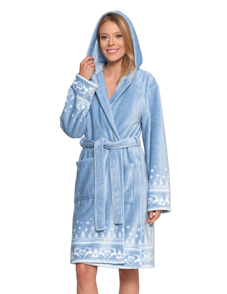 Szlafroki - Ciepły szlafrok damski krótki w skandynawski wzór NIEBIESKI - produkt moraj.pl 11