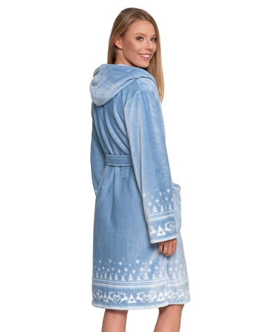 Szlafroki - Ciepły szlafrok damski krótki w skandynawski wzór NIEBIESKI - produkt 12