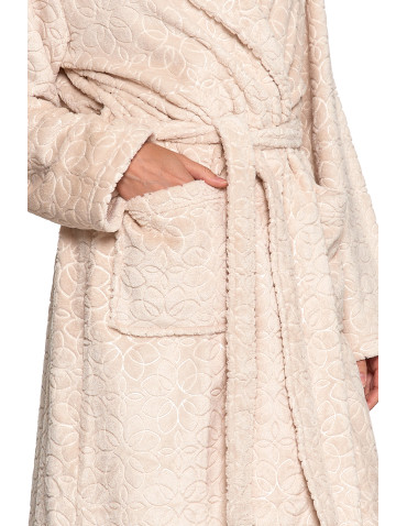 Szlafroki - Ciepły szlafrok damski długi z tłoczonym wzorem BEŻOWY - produkt 5