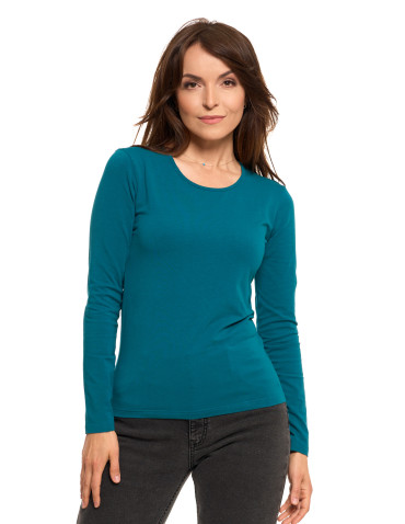 Bluzki i koszule - Bluzka damska z długim rękawem bawełniana gładka CIEMNY ZIELONY - produkt 81