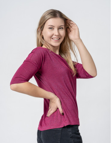 Bluzki i koszule - Bluzka damska błyszcząca z rękawem 3/4 FUKSJA - produkt 10