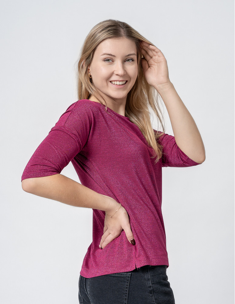 Bluzki i koszule - Bluzka damska błyszcząca z rękawem 3/4 FUKSJA  - produkt moraj.pl 10