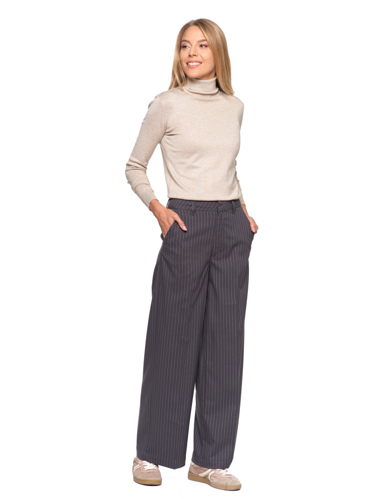 Spodnie - Damskie eleganckie spodnie w kant z szeroką nogawką SZARY  - produkt moraj.pl 2