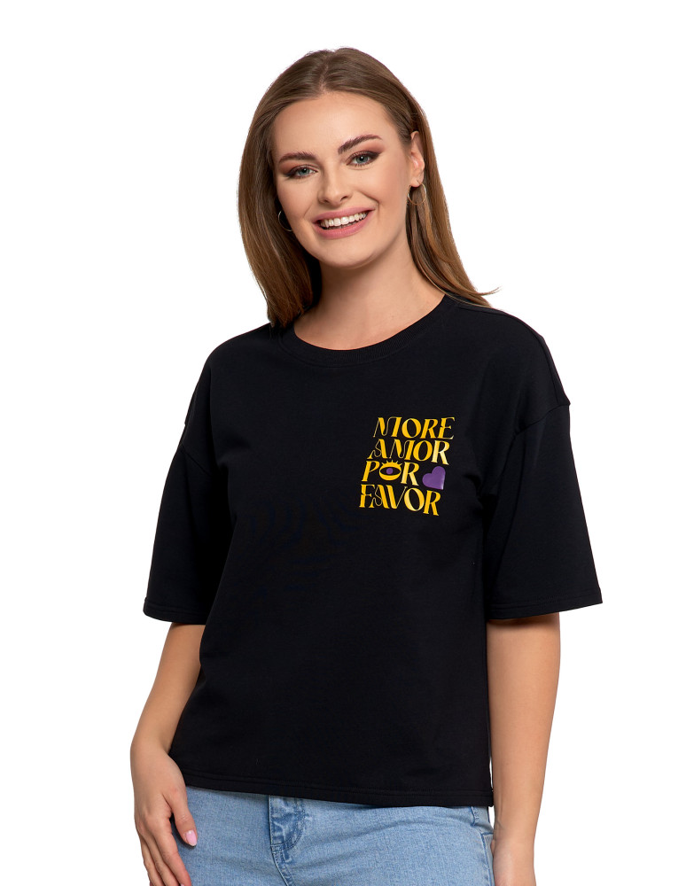 Koszulki i topy - T-shirt damski o luźnym kroju z napisami CZARNY  - produkt moraj.pl 3