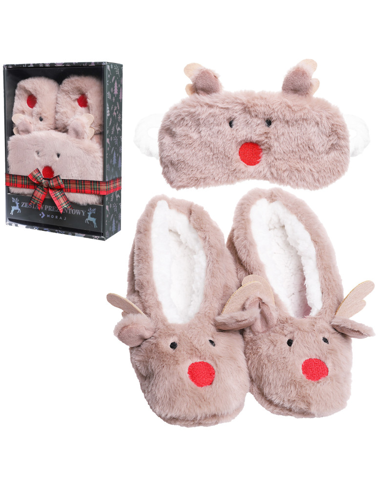 Kapcie i bambosze - Zestaw prezentowy świąteczny kapcie i opaska na oczy BRĄZOWY - produkt moraj.pl 1