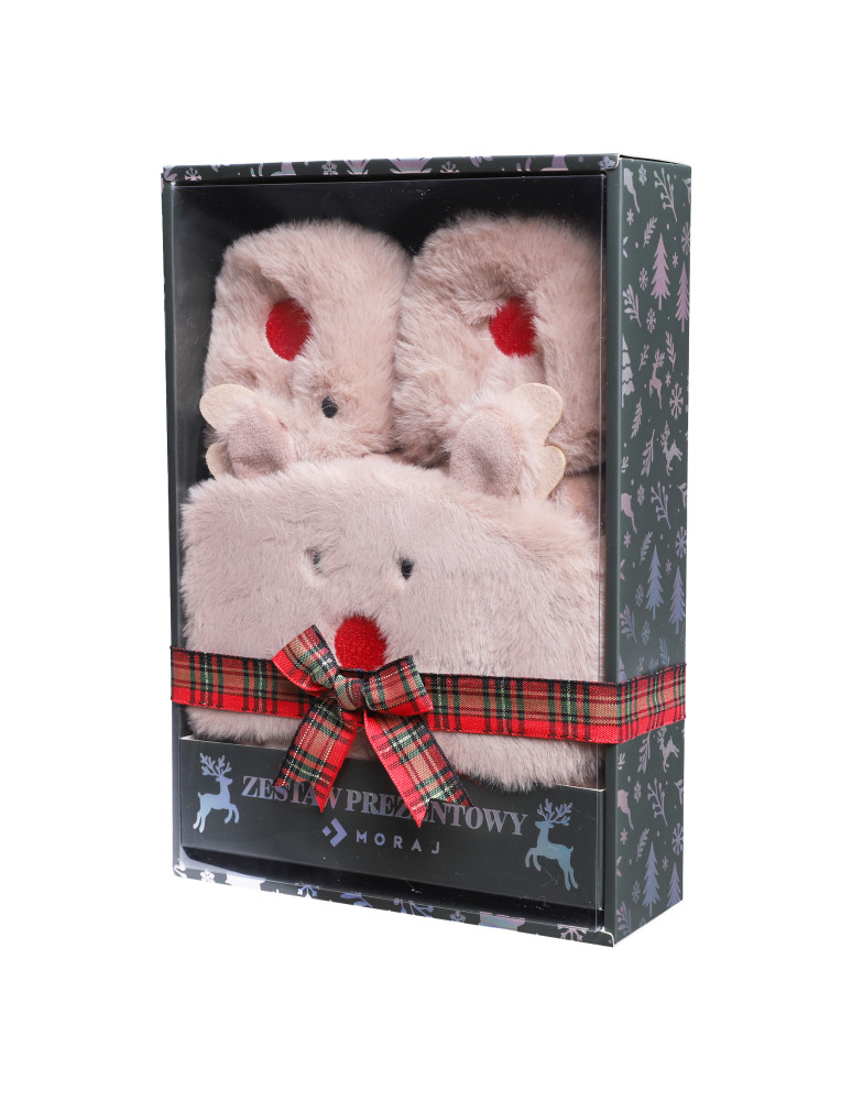 Kapcie i bambosze - Zestaw prezentowy świąteczny kapcie i opaska na oczy BRĄZOWY  - produkt moraj.pl 4