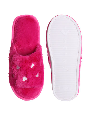 Kapcie i bambosze - Damskie kapcie domowe futrzane z serduszkami RÓŻOWY - produkt 2