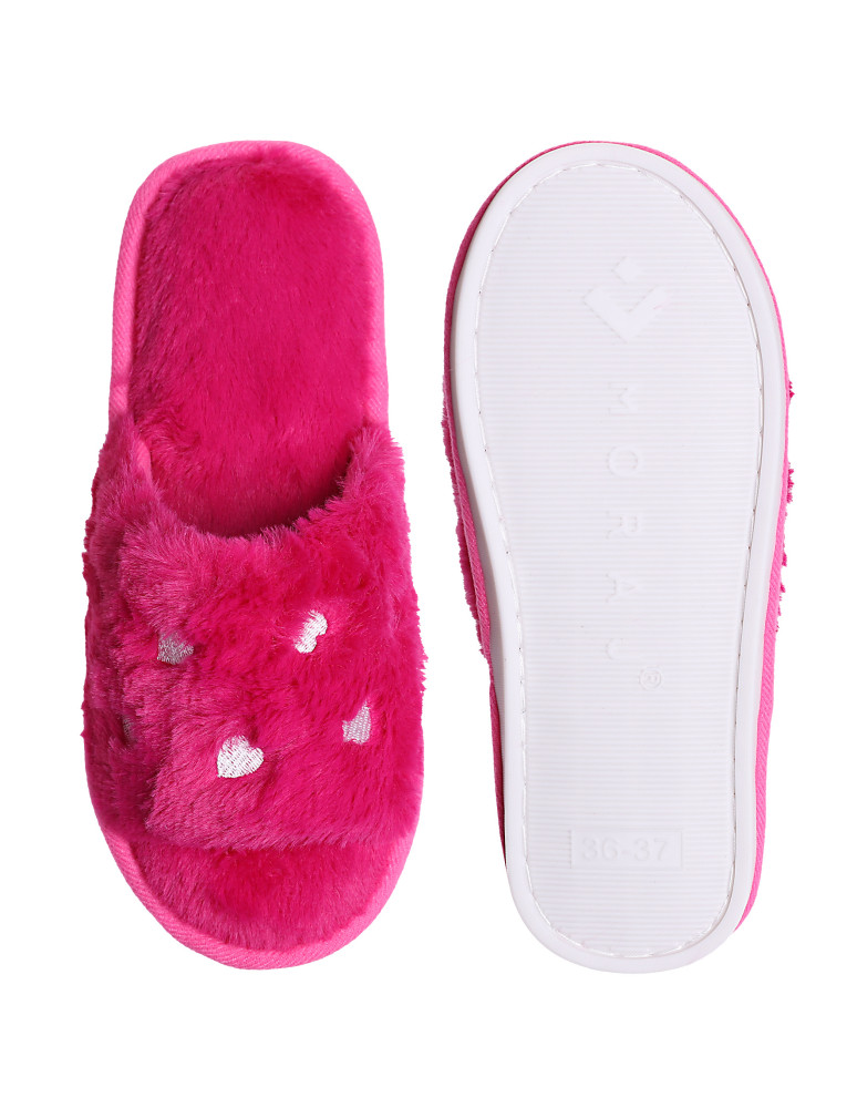 Kapcie i bambosze - Damskie kapcie domowe futrzane z serduszkami RÓŻOWY  - produkt moraj.pl 2